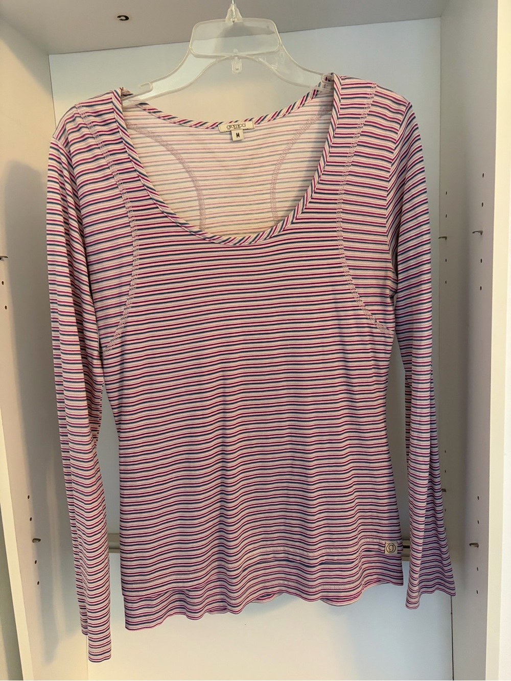 Striped Long-Sleeve Scoop Neck Top - Pink & White